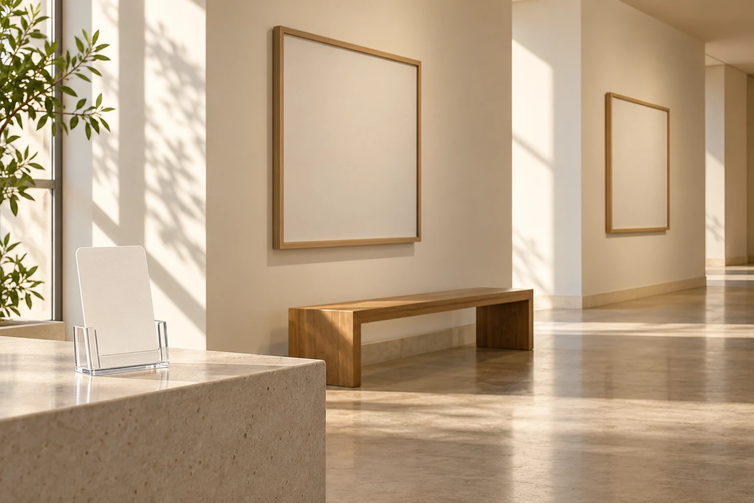 Galería imaginaria con marcos vacíos y tarjeta en blanco; no representa salas reales del Reina Sofía.
