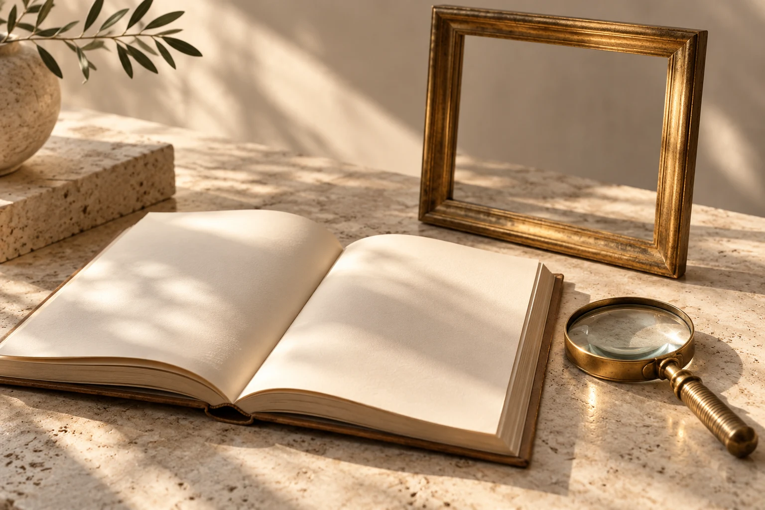 Libro vacío, marco y lupa sobre una mesa; no reproduce obras de Dalí ni el montaje de la exposición.