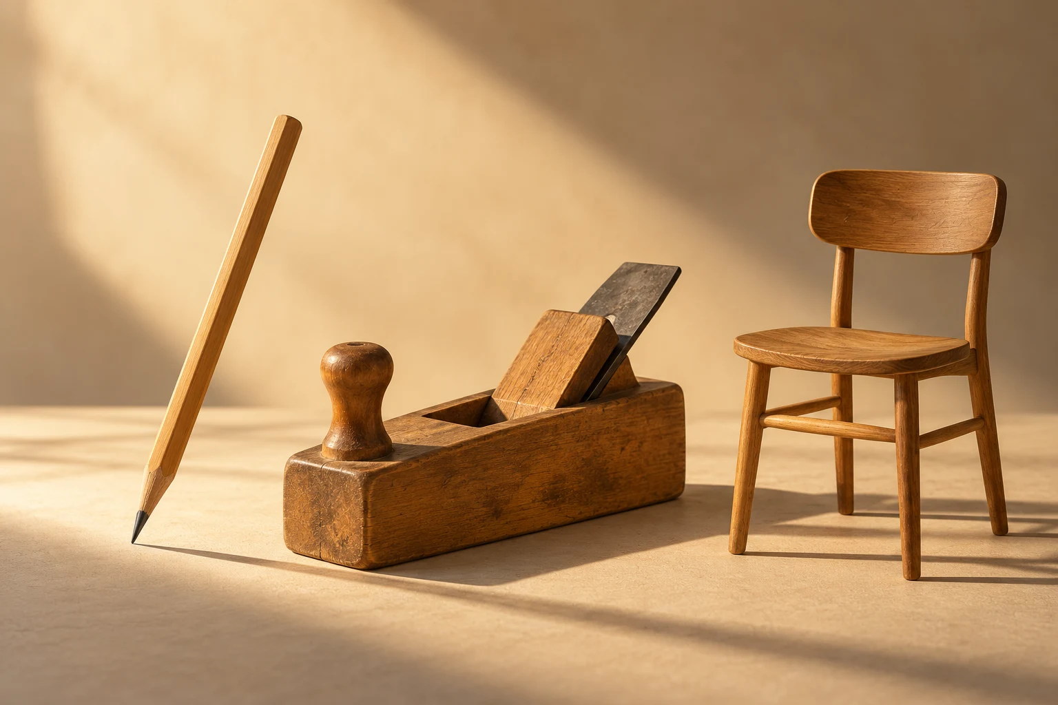 Lápiz, cepillo de carpintería y silla genérica; no representa objetos identificables de la colección.