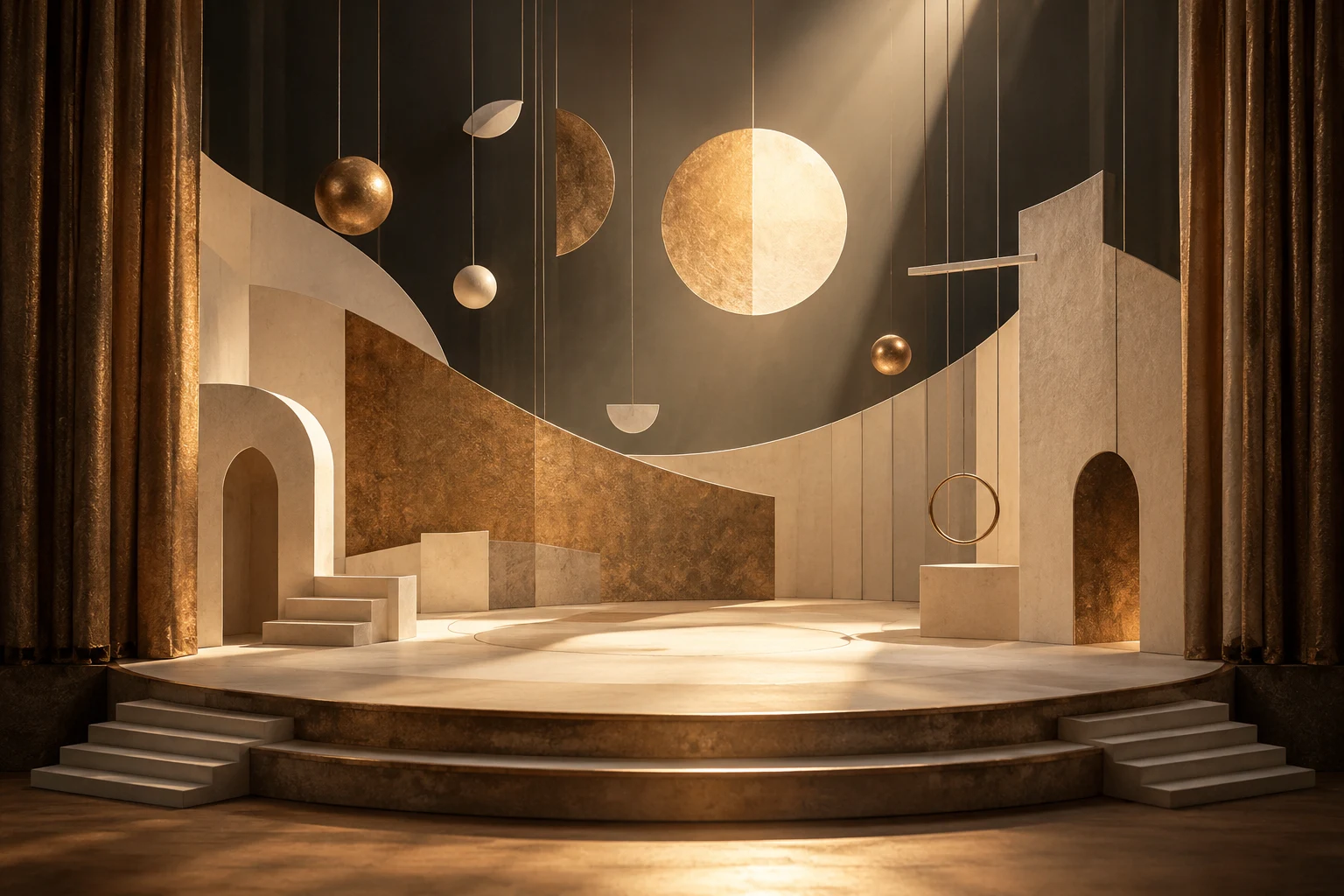 Escenario abstracto con formas geométricas y luz; no reproduce escenografías u obras de Es Devlin.