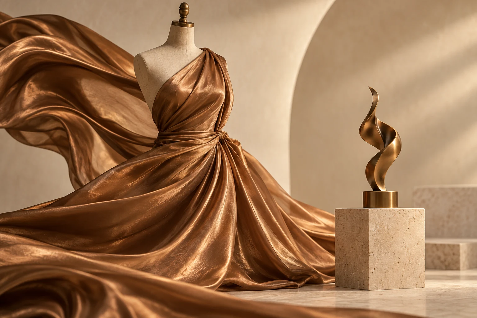 Maniquí con tela genérica y premio abstracto; no reproduce la colección ni el trofeo oficiales.