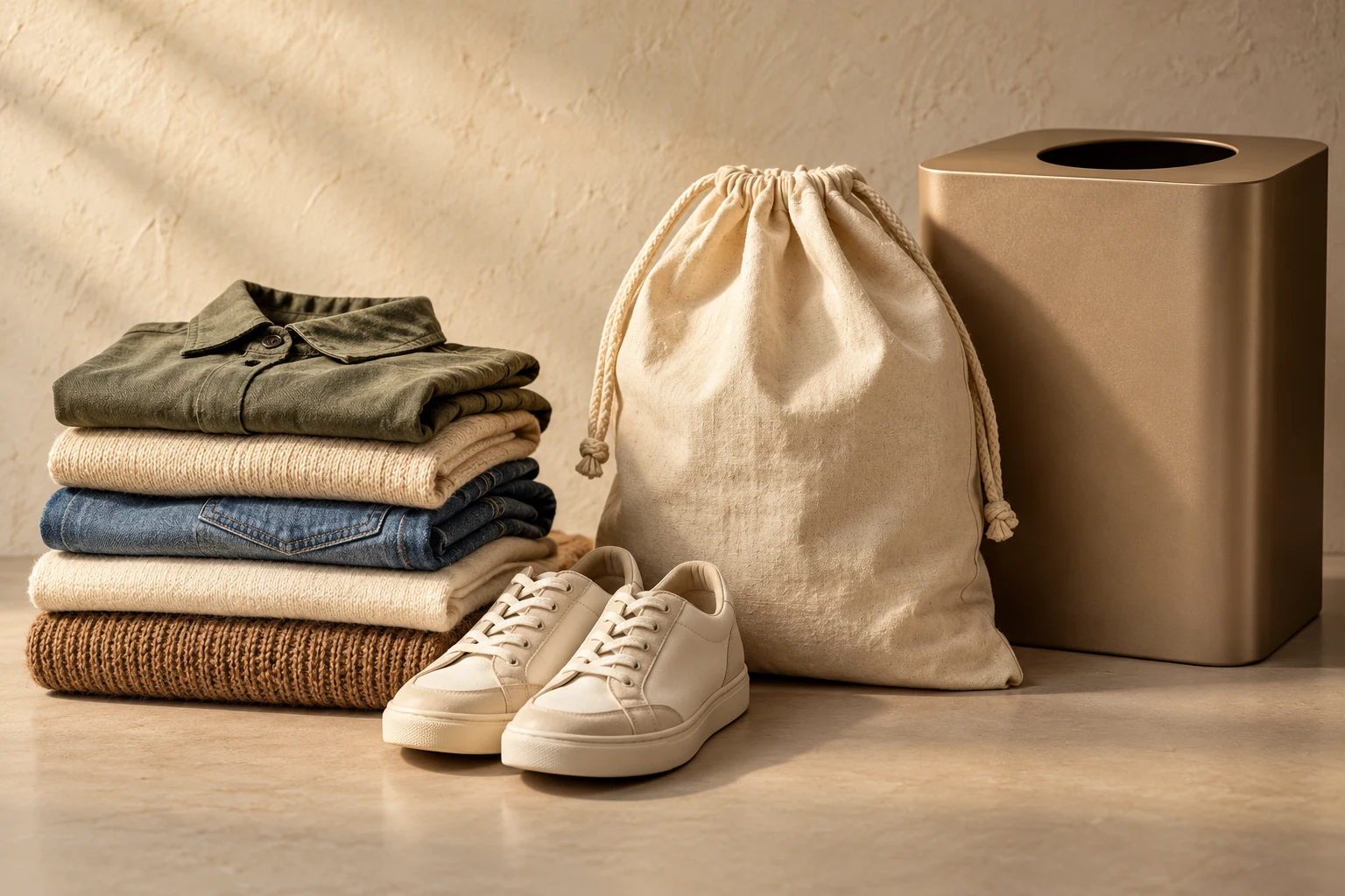 Prendas, calzado y bolsa junto a un contenedor abstracto; no acredita una instalación o destino de reciclaje.