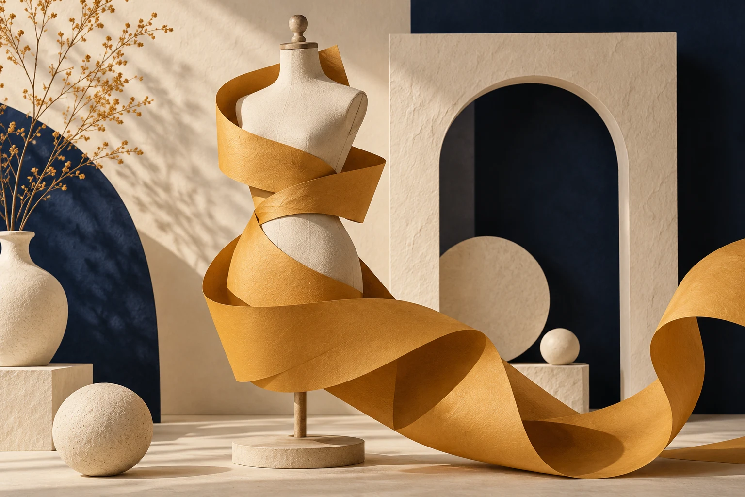 Maniquí y cinta de papel abstracta; no reproduce un diseño de Schiaparelli.