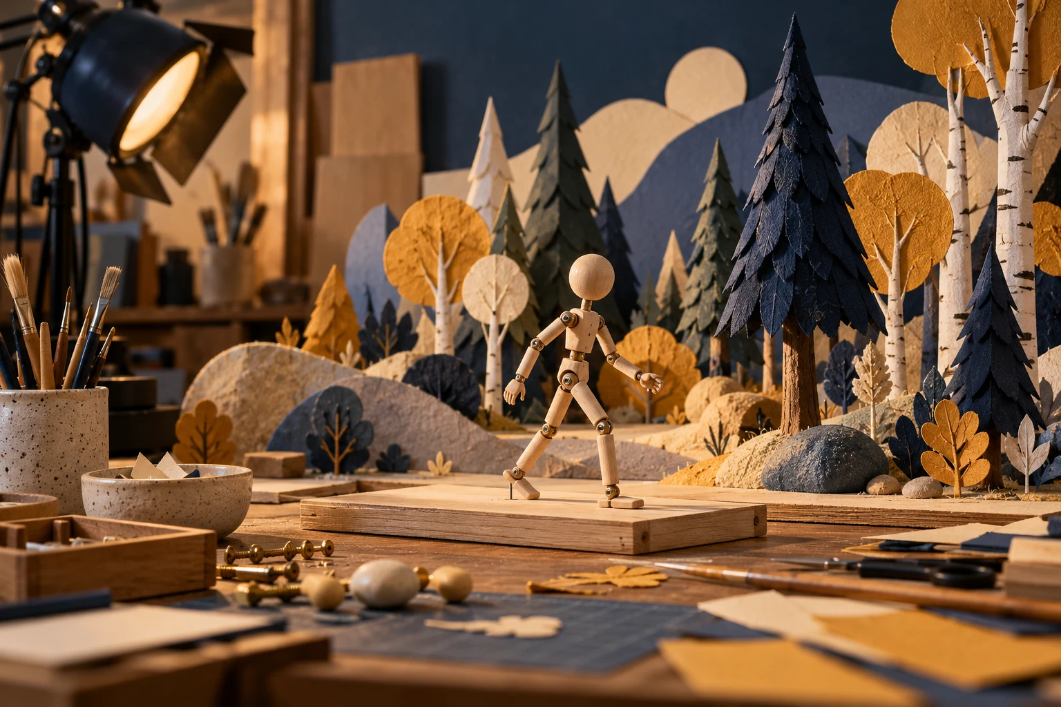 Taller imaginario de miniaturas con figura articulada genérica; no reproduce personajes o escenarios de Wildwood.