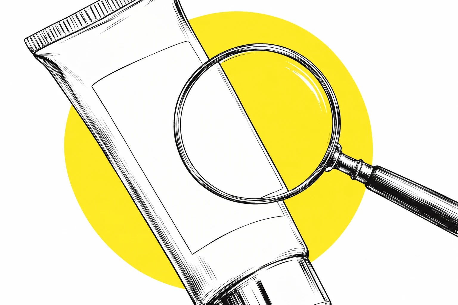 Dibujo de envase sin marca y lupa; no identifica ingredientes ni certifica un cosmético.